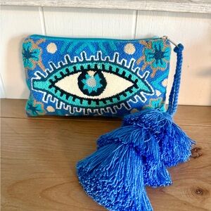 Wayuu Tribe Blue Teal Eye-Pattern Beaded Clutch with Tassels
